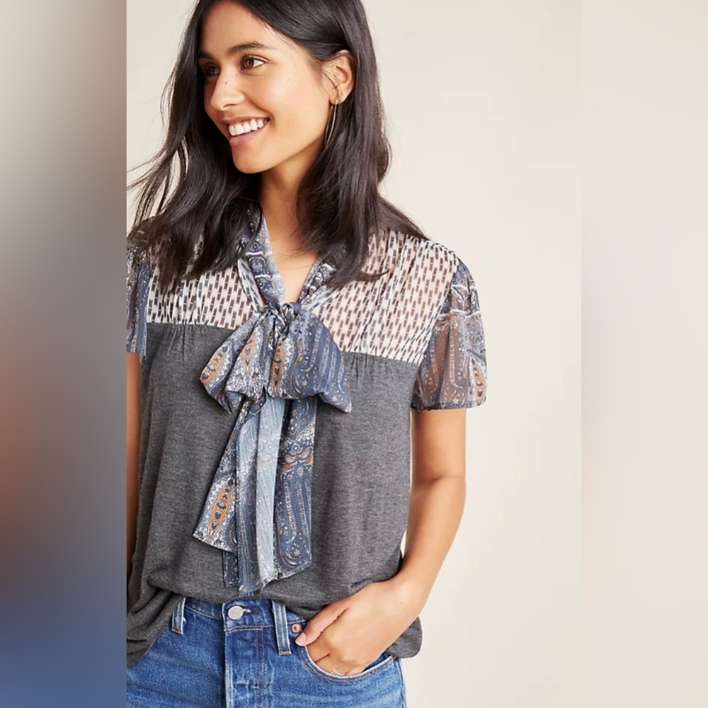 Anthropologie Tiny Joy Tie-Neck Mixed Print Top - Gray/Blue, Short Sleeve, XS - Picture 14 of 14